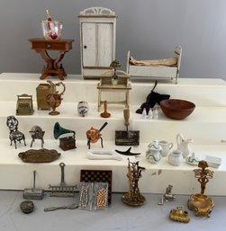 Lot Of Assorted Doll House Miniatures, Gottschalk Furniture, Metal Items, China, Etc.