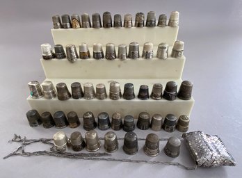 Lot Of 40 Sterling Silver Thimbles Various Sizes And Designs & A Small Sterling Mesh Purse