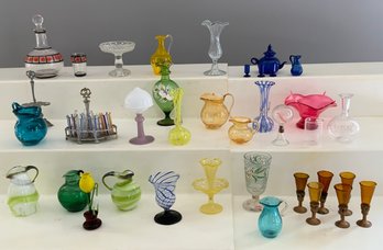 Lot Of Glass & Blown Glass Doll House Accessories, Pitchers, Stem Ware, Etc.