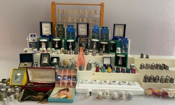 Large Lot Of Assorted Commemorative And Modern Thimbles & Thimble Display Rack For 64 Thimbles