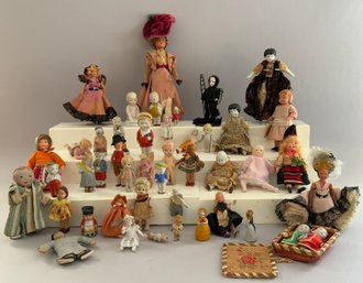 Large Lot Of Assorted Small Dolls 1  8, Bisque, China, Cloth, Plastic, Etc.
