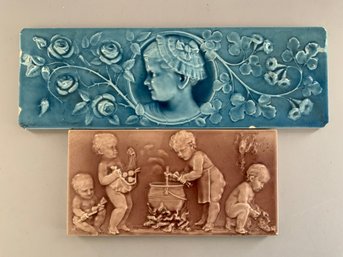 2  Late 19th C Early 20th C Glazed Relief Rectangular Tiles