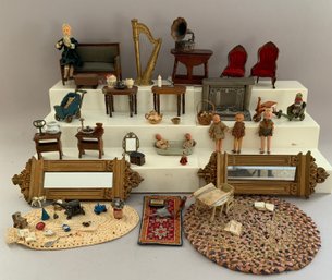 Lot Of Assorted Doll House Furniture & Miniatures, Dolls, Etc,