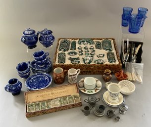 Lot Of Assorted Doll House/childs Glassware, Tea Sets, Knives & Forks, Etc.