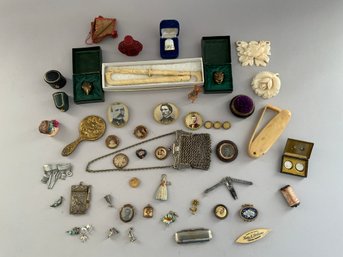 Opportunity Box Lot Of Vintage Smalls, Thimbles, Doll Accessories, Early Photo Pins, Etc.
