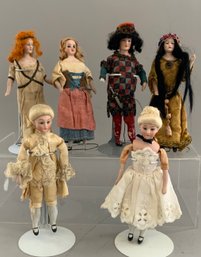 6  6 Bisque Head Doll House Dolls In Various Outfits