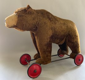 30 Steiff Brown Mohair Bear On Wheels With Pull Growler In Back