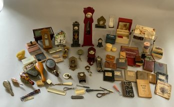 Opportunity Lot Of Doll House Miniatures, Clocks, Books, Brushes, Etc.