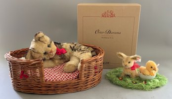 Steiff Easter Diorama Chick & Bunny And Cat Laying In Basket