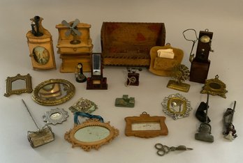 Opportunity Lot Of Doll House Miniatures, Furniture, Mirrors, Clocks, Vacuums, Etc.