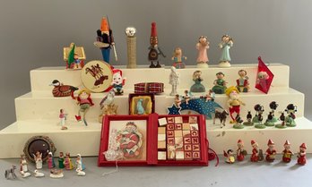 Lot Of Christmas Ornaments & 6  Italian Wood Angels, & Lot Of Erzgebirge Christmas Figures
