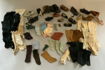 Lot Of Antique Single Doll Shoes, Socks, Gloves, Etc.