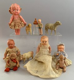 Lot Of 9 Celluloid And Plastic Dolls And Animals