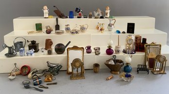 Large Lot Of Doll House Miniatures & Accessories, China, Glass, Metal Items, Clocks, Etc.