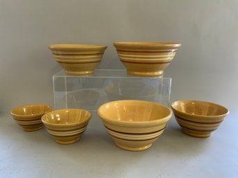 Six Piece Yellowware Batter Bowls With Brown And White Bands