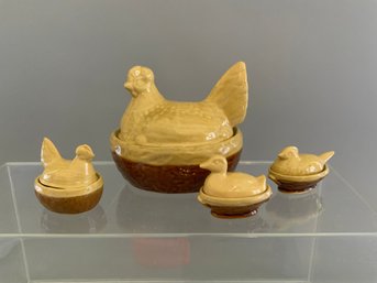 Four Piece Yellowware Hen, Duck And Pheasant On Nest Covered Dishes