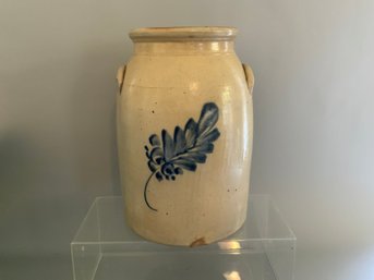One 9x13.5 Stoneware Crock That Features A Brushed Cobalt Tobacco Leaf Decoration