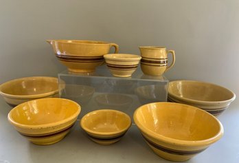 Eight Pieces Brown Banded Yellowware Set