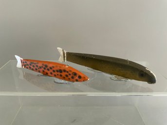 Two Piece Wood Fish Decoys With Metal Fins