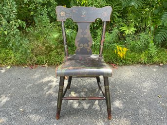 One 16x31x14 Grain Painted Plank Seated Chair With Colored Stencils And Flower Motifs