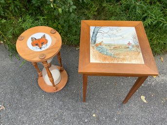 Two Piece Matching Hand Painted Tile Inlayed In Wood Set