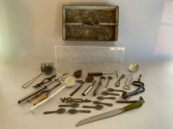 Tin Tray Full Of Various Spoons, Kitchen Utensils, Mini Salt Shakes, Peelers, Cleaning Gadgets And Knifes