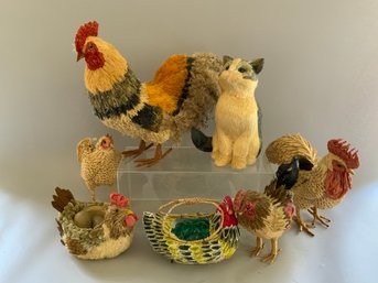 Lot Of Seven Various Roosters, Hens, And Cat