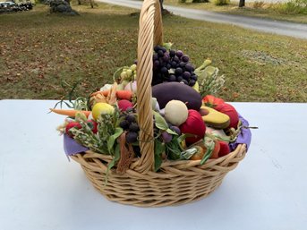 One 21x20 Basket Filled With Various Vintage Silk Fruits And Vegetables.