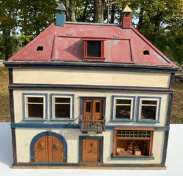 29.5x31x15 White Two Story Dollhouse With Hip Red Roof And Blue Trim