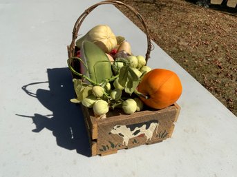 One 12x9 Wooden Basket With Painted Cows, Full Of Vintage Silk Fruits, Veggies And Wool Mouse