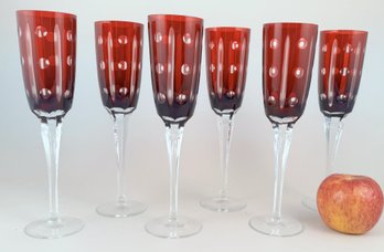 Six Ruby Glass Cut To Clear Flutes
