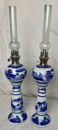 Pair Of Blue Willow Chamber Oil Lamps