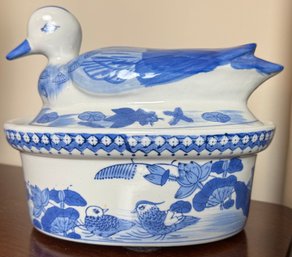 Blue And White Covered Dish With Duck