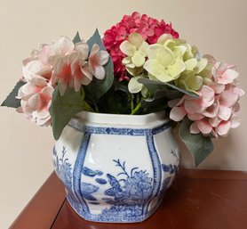 Blue And White Vase With Faux Flowers