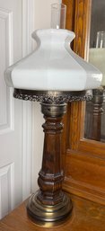Lamp With Wood Base And Milk Glass Shade