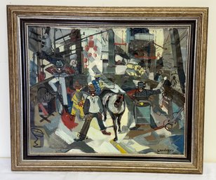 Abstract Oil On Canvas Carnival Scene Signed Landocky