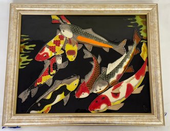 Framed Art Glass Picture Of Coy