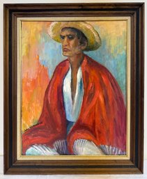 South American Portrait Gentleman In Straw Hat Oil On Board Signed John Wallace