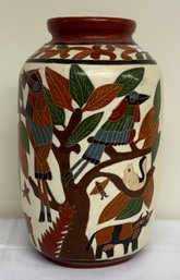 South American Signed Polychrome Vase Exotic Birds