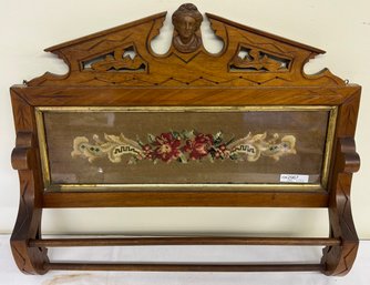 Eastlake Carved Towel Rack, Needlepoint Panel