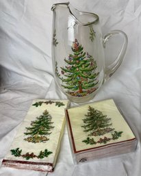 Spode Glass Pitcher And Napkins