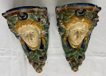 Pair Majolica Porcelain Figural Wall Brackets