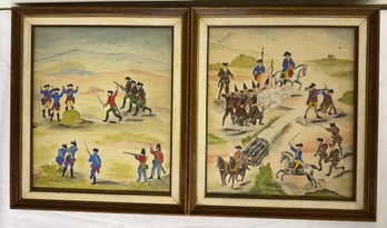 Pair Framed Watercolor Revolutionary War Battle Scenes