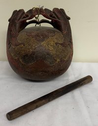 Asian Carved Wooden Gong/Striker, Foo Lion Mounts