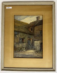 Watercolor, English Courtyard Scene, Signed Lower Left