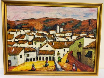 Oil On Canvas Hillside Village Scene Signed Lower Left