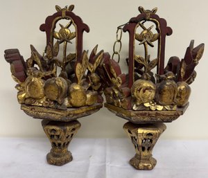 Pair Chinese Polychrome Carved Wood Faux Lanterns