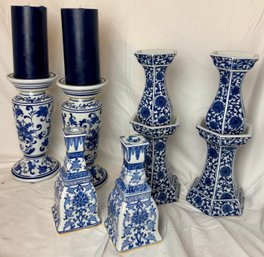 Three Pairs Of Blue And White Candle Holders