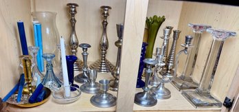 Large Lot Of Candle Holders And A Couple Vases