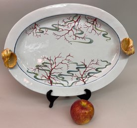 Vintage Hand Painted Platter With Shell Handles